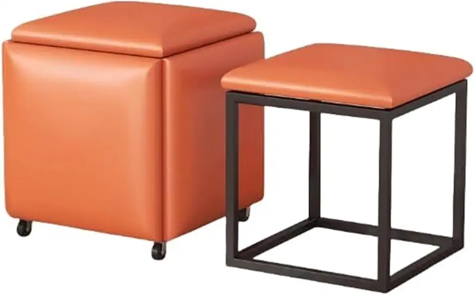 5 in 1 Ottoman Cube with Swivel Storage Stackable Leather Upholstered Dining Table Stool Movable Footstool(Orange,Large)