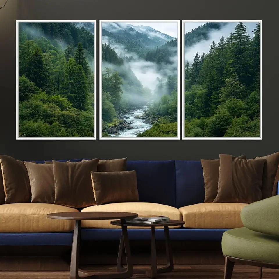 Mountain Forest River Canvas Wall Art Print - Serene Nature Landscape for Living Room, Office, or 3 Panel Floating Frame/White / 90