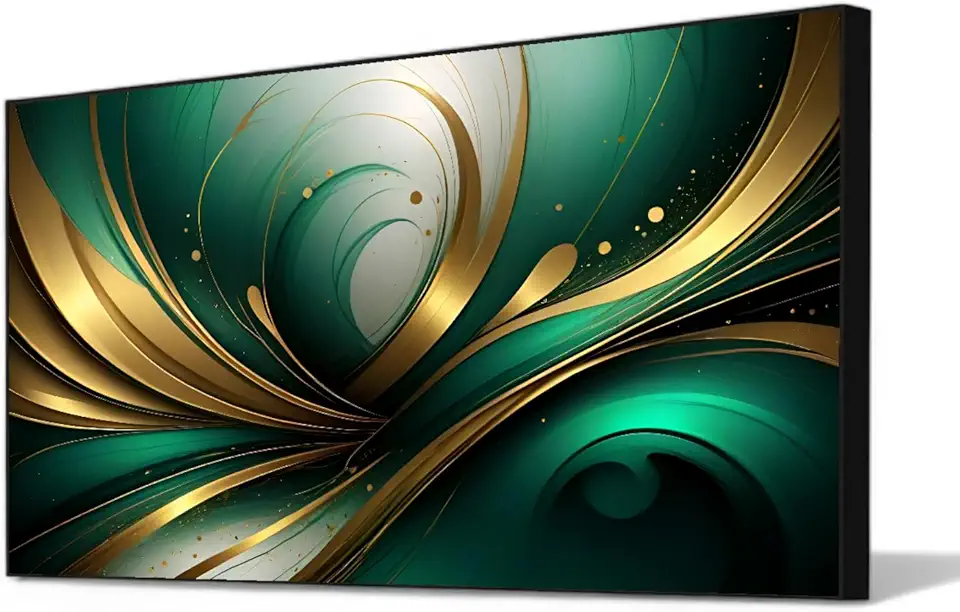 Green Abstract Wall Art,Green Black Gold Wall Art,Green and Gold Abstract Canvas Framed,Art for Large Wall Black and Gold Painting,Pictures for Living Room,Bedroom,Bathroom,Ready to Hang (Black Frame, 74