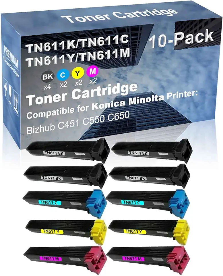 10-Pack (4BK+2C+2Y+2M) Compatible High Yield TN611 (TN611K+ TN611C+ TN611Y+ TN611M) Laser Printer Toner Cartridge Used for Konica Minolta Bizhub C451 C550 C650 Printer