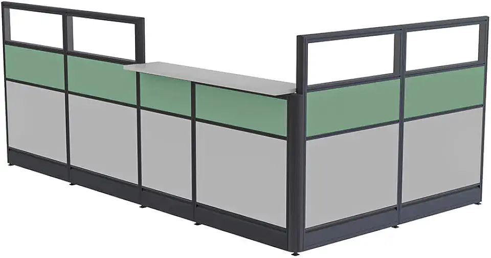 L-Shaped Glass Reception Cubicle | Reception Desk with Storage | Transaction Counter | Emerald Cubicle Collection | 6x11x52 H | Light Gray