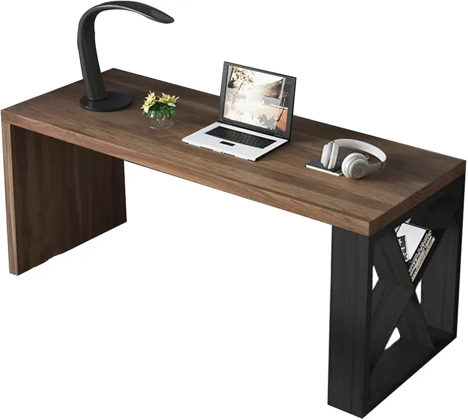 Simple Solid Wood Computer Desk, Writing Desk with Wrought Iron Bookshelf, Personal Work Table, Easy to Assemble