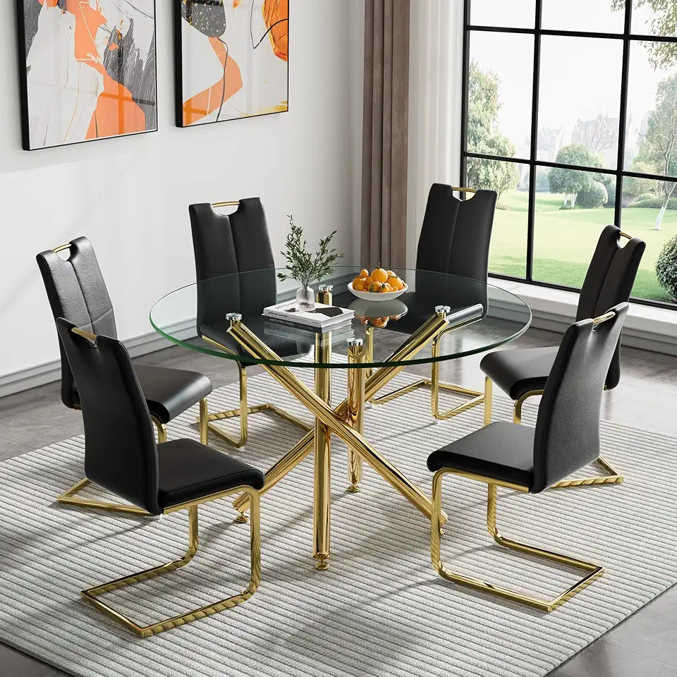 Modern 7-Piece Round Glass Dining Table Set for 6, Gold Glass Dining Room Set with 6 Black Leather Chairs 47