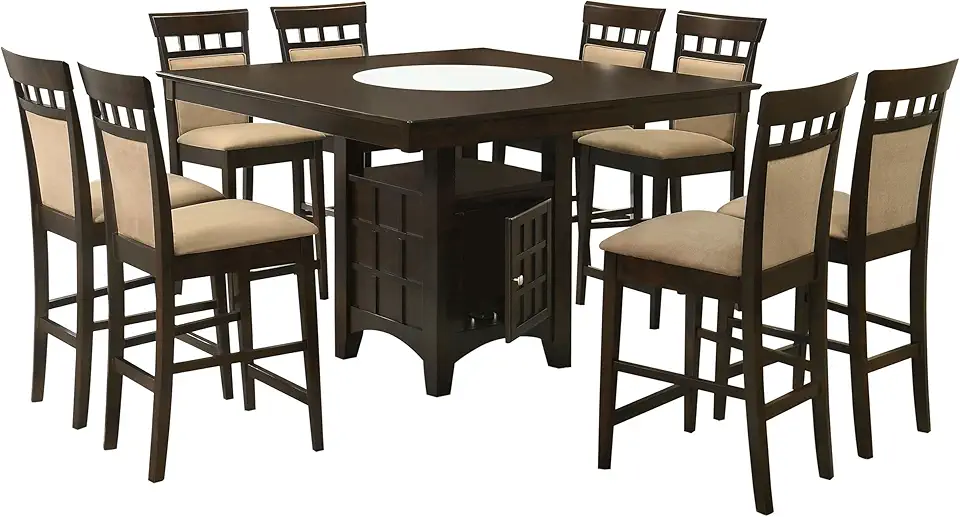 Coaster Home Furnishings - Gabriel - 9-Piece Counter Height Dining Set - Square Wood Table with Storage & 8 Upholstered Chairs - Dining Room & Kitchen - Cappuccino - 100438-S9A