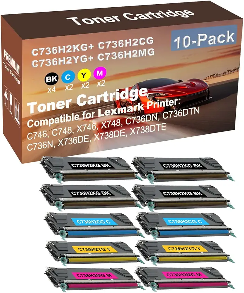 10-Pack (4BK+2C+2Y+2M) Compatible C736DN, C736DTN, C736N Printer Toner Cartridge High Capacity Replacement for C736H2KG+ C736H2CG+ C736H2YG+ C736H2MG Toner Cartridge