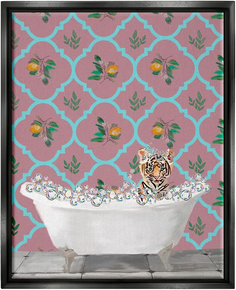 Stupell Industries Tiger Cub in Bath Black Framed Floater Canvas Wall Art Design by Amelia Noyes