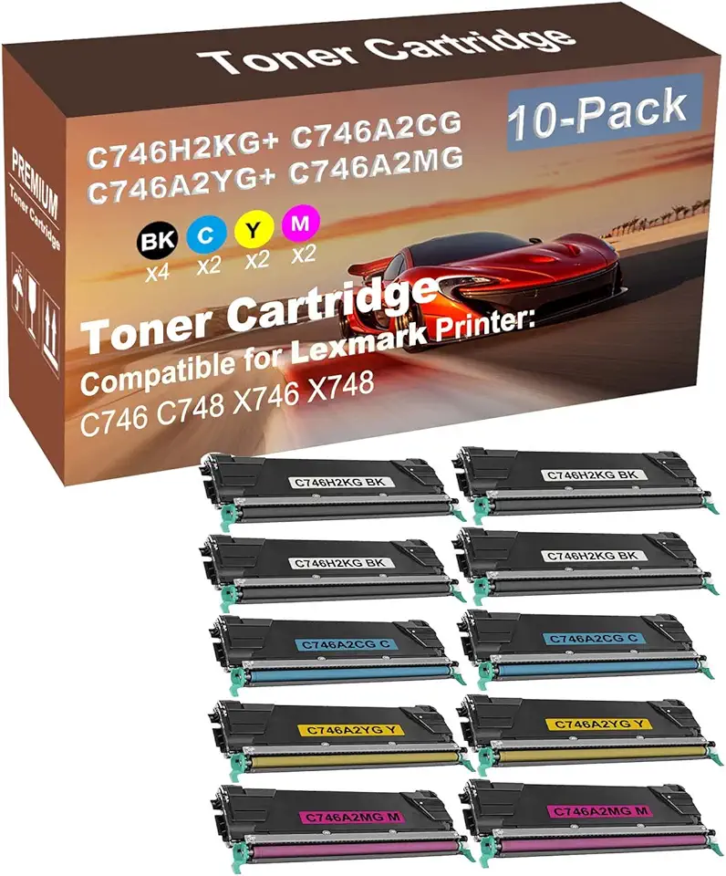10-Pack (4BK+2C+2Y+2M) Compatible C746 C748 X746 X748 Printer Toner Cartridge High Capacity Replacement for C746H2KG+ C746A2CG+ C746A2YG+ C746A2MG Toner Cartridge