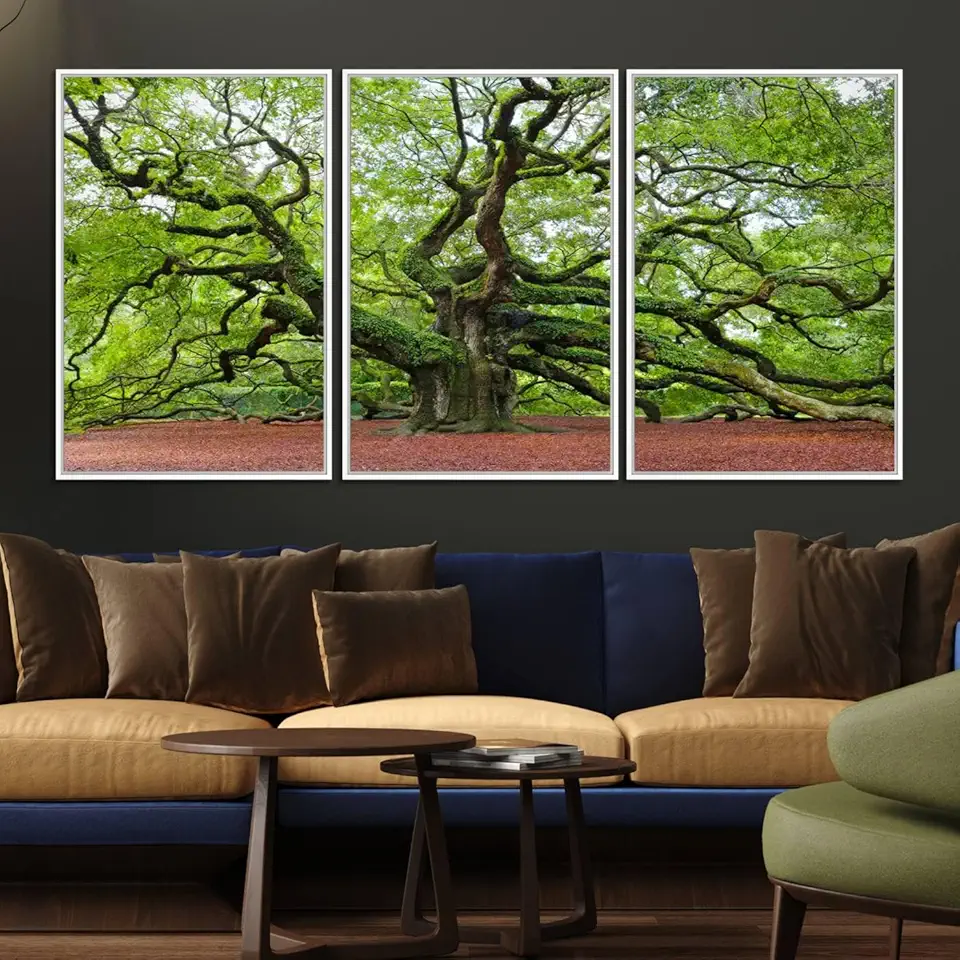 Framed Angel Oak Tree Wall Art - 3-Panel Canvas Prints, Large Green Nature Artwork, Ready to Hang 3 Panel Floating Frame/White / 90