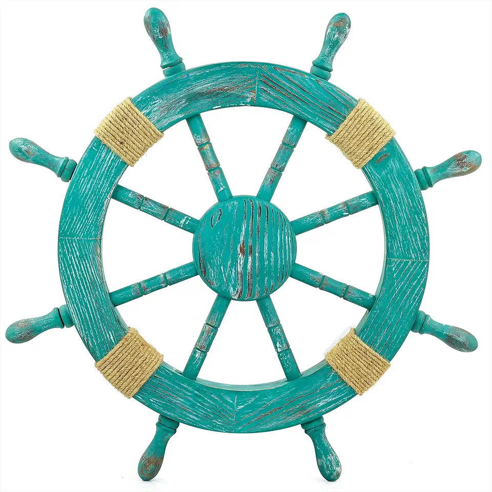 Cane Green Wooden Ship Wheel | Nautical Pirate's Nursery Decor Wall Hanging Ideas | Antique Vintage Rope Stylish Minimalist Decoration | Captain Maritime Ocean Themed Home Decor Gift (72 Inches)