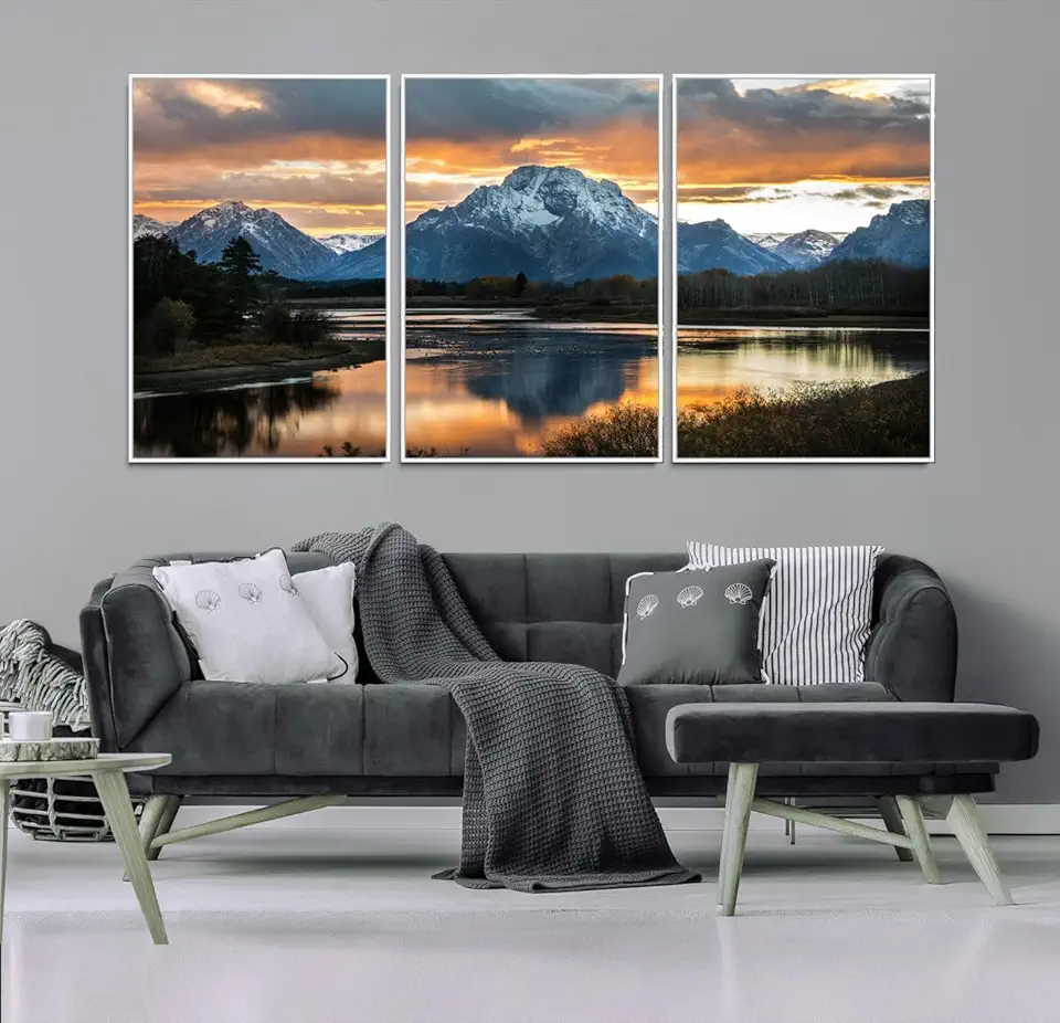 Mountain Sunset Wall Art Canvas Print, Framed Alpine Wilderness Art Picture Print, Golden Hour 3 Panel Floating Frame/White / 90