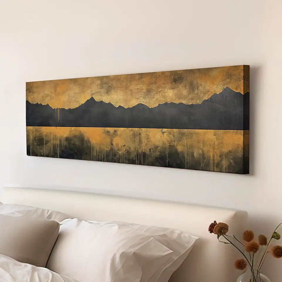 My Sweet Hideout Golden Sunset By The Lake Above Bed Wall Art Mountain Landscape, Panoramic Abstract Canvas Print, Vintage Long Horizontal Canvas Art 30x90