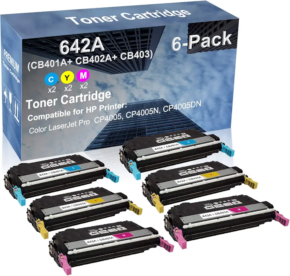 6-Pack (2C+2Y+2M) Compatible High Yield 642A (CB401A+ CB402A+ CB403A) Laser Printer Toner Cartridge use for CP4005, CP4005N, CP4005DN Printer