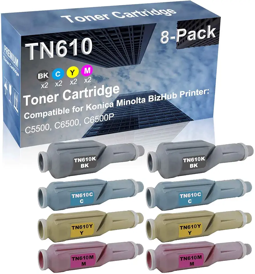 8-Pack (2BK+2C+2Y+2M) Compatible C5500, C6500, C6500P Printer Toner Cartridge High Capacity Replacement for Konica Minolta BizHub (TN610K+ TN610C+ TN610Y+ TN610M) TN610 Toner Cartridge