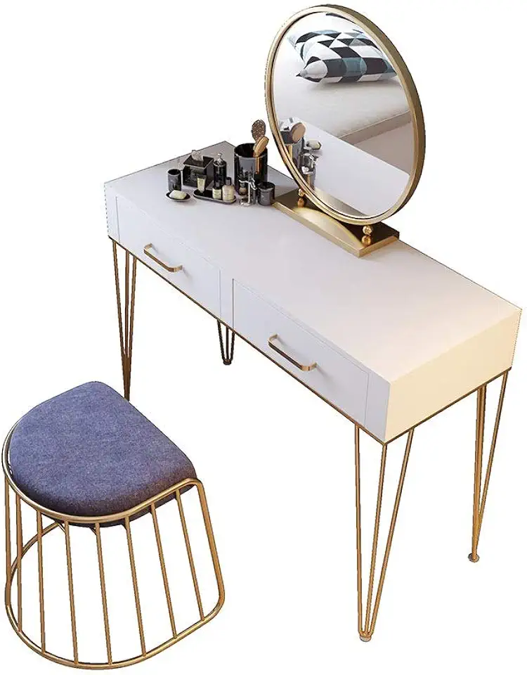 Vanity Table Set Iron Vanity Table Set with Mirror and Cushioned Stool Makeup Dressing Table with 2 Drawers for Laptop Or Study Desk Writing Table Make Up Table and Stool