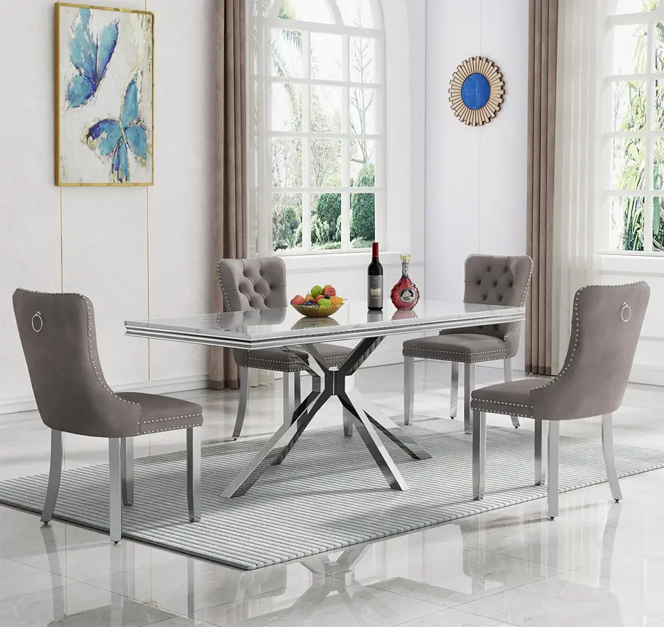 Modern Faux Marble Dining Table Set for 4, Luxury White Marble Kitchen Table and Tufted Chair Set for 4, 5-Piece Pedestal Dining Room Table Set with Silver Nest-Shape Stainless Steel Legs