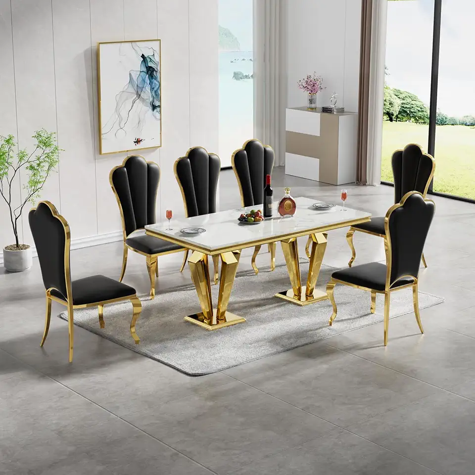 White Marble Dining Table Set for 6, 7 Piece Gold Kitchen Dining Room Table Set and 6 Leather Upholstered Chairs w/Flower Backest Stainless Steel Legs, Modern Faux Marble Dining Table and Chairs Set