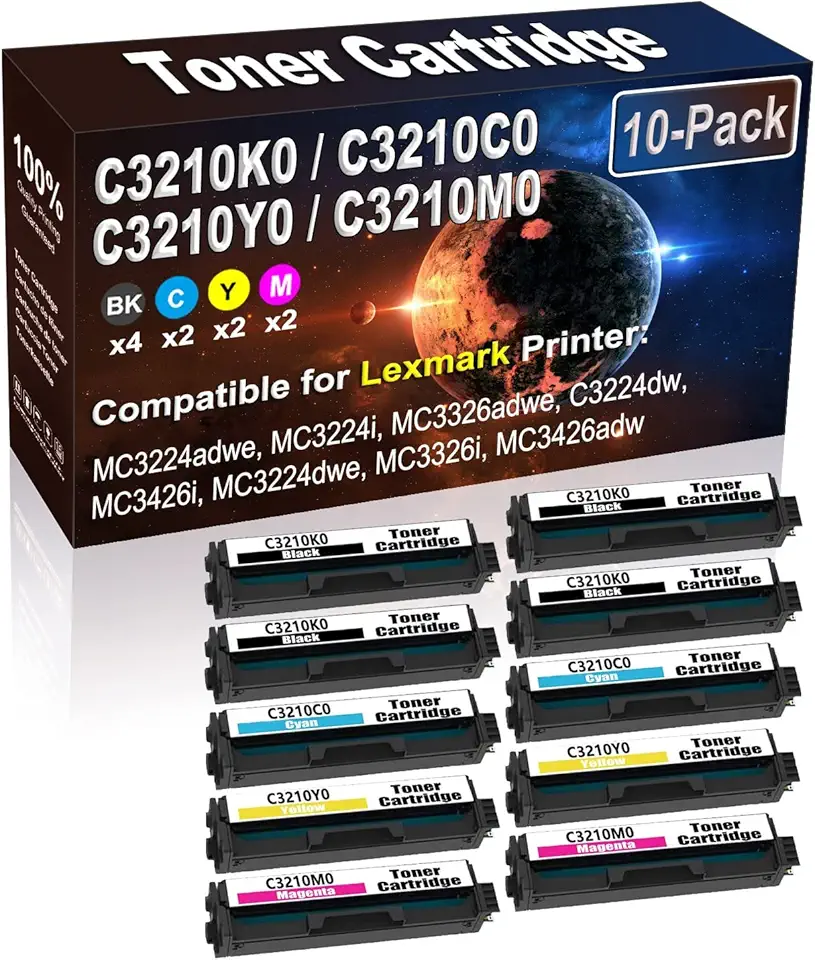 10-Pack (4BK+2C+2Y+2M) Compatible High Yield C3210K0 C3210C0 C3210Y0 C3210M0 Printer Toner Cartridge use for C3224dw C3326dw MC3224dwe MC3224adwe MC3326adwe Printers