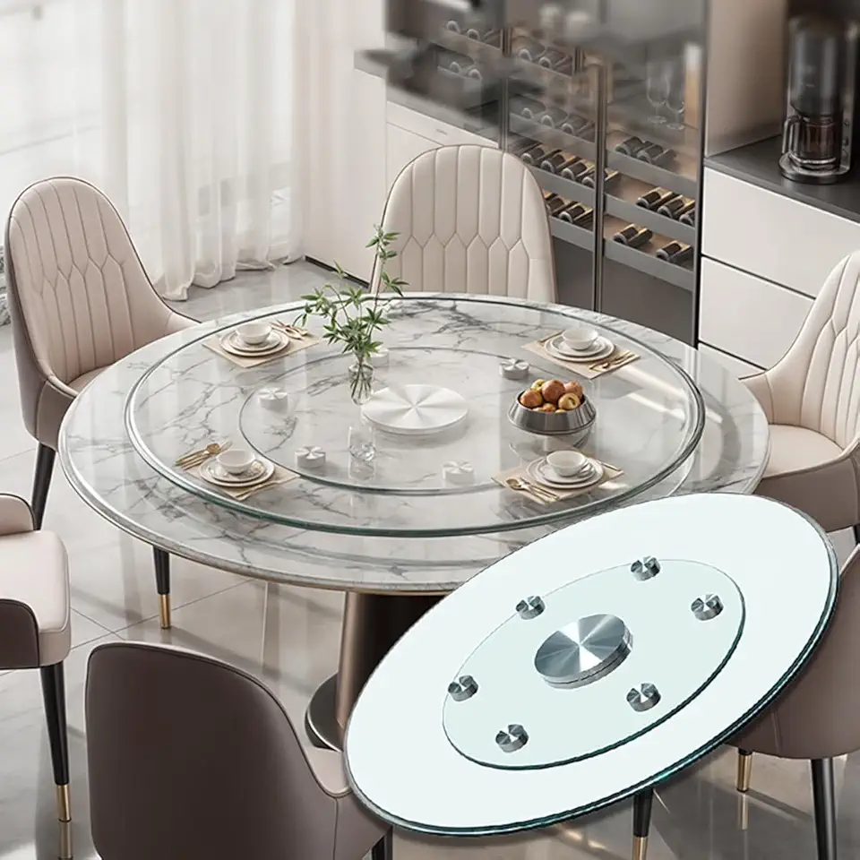 Large Glass Turntable for Dining Table, 24 in 28 in 36 in Lazy Susan Serving Tray Clear Tabletop Rotating Tray W/6 Rotating Wheels, Silent & Smooth Spin(70cm/28inches)