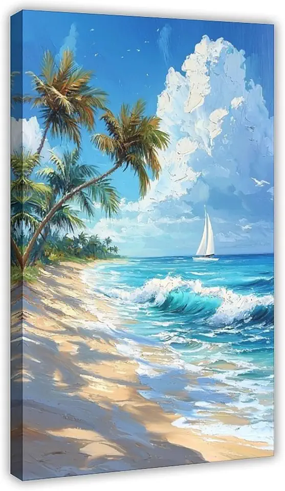 Sunny Ocean View Wall Poster – Coastal Canvas Art with Blue Sky And Sandy Beach – Vacation Style Wall Decor for Living Room Canvas Poster Wall Art Decor Print Picture Paintings for Living Room Bedroom