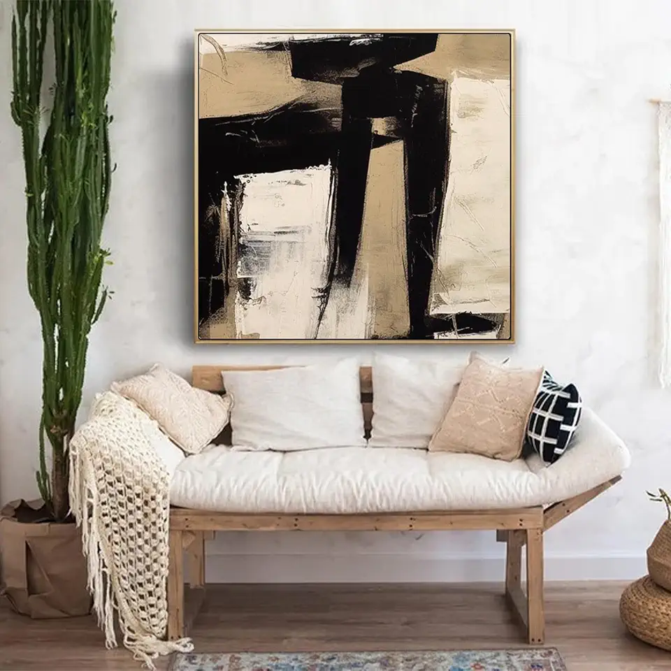 Brown And Black Wall Art,Beige Abstract Wall Painting,Netural Wall Art,Modern Decor,Minimalist Room Decor,Sofa Wall Art,Unstretched,Frameless,(183X183cm) 72X72Inches
