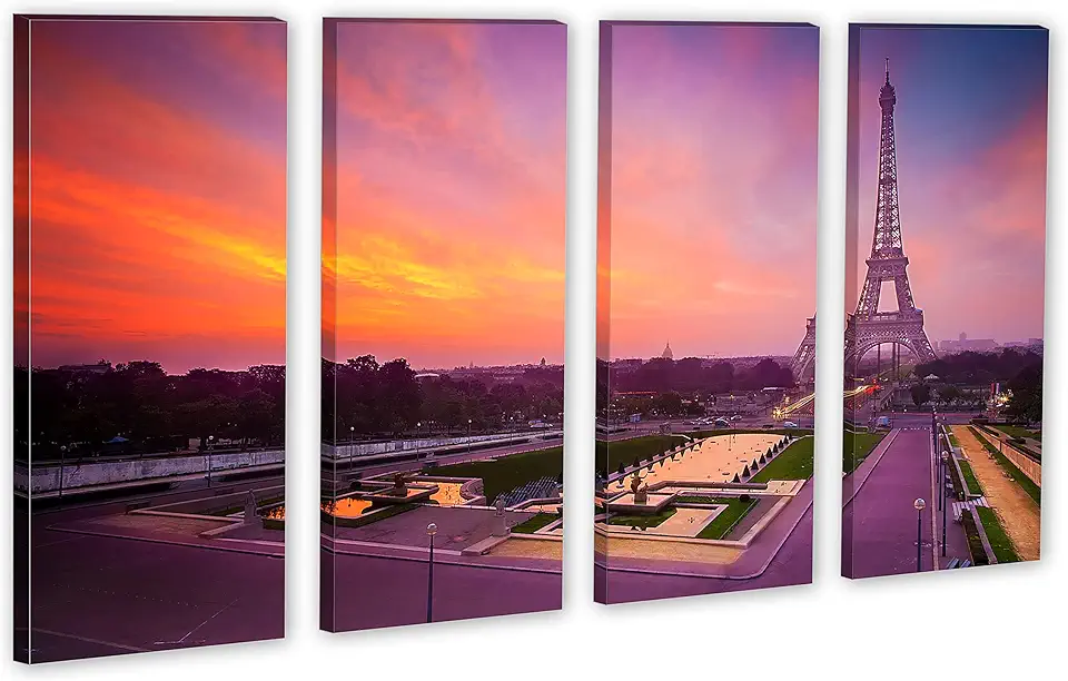 80 x 50 TOTAL - Paris Sunrise, Eiffel Tower - Canvas Print - 4 Panel Split Wall Art With Purple Skies