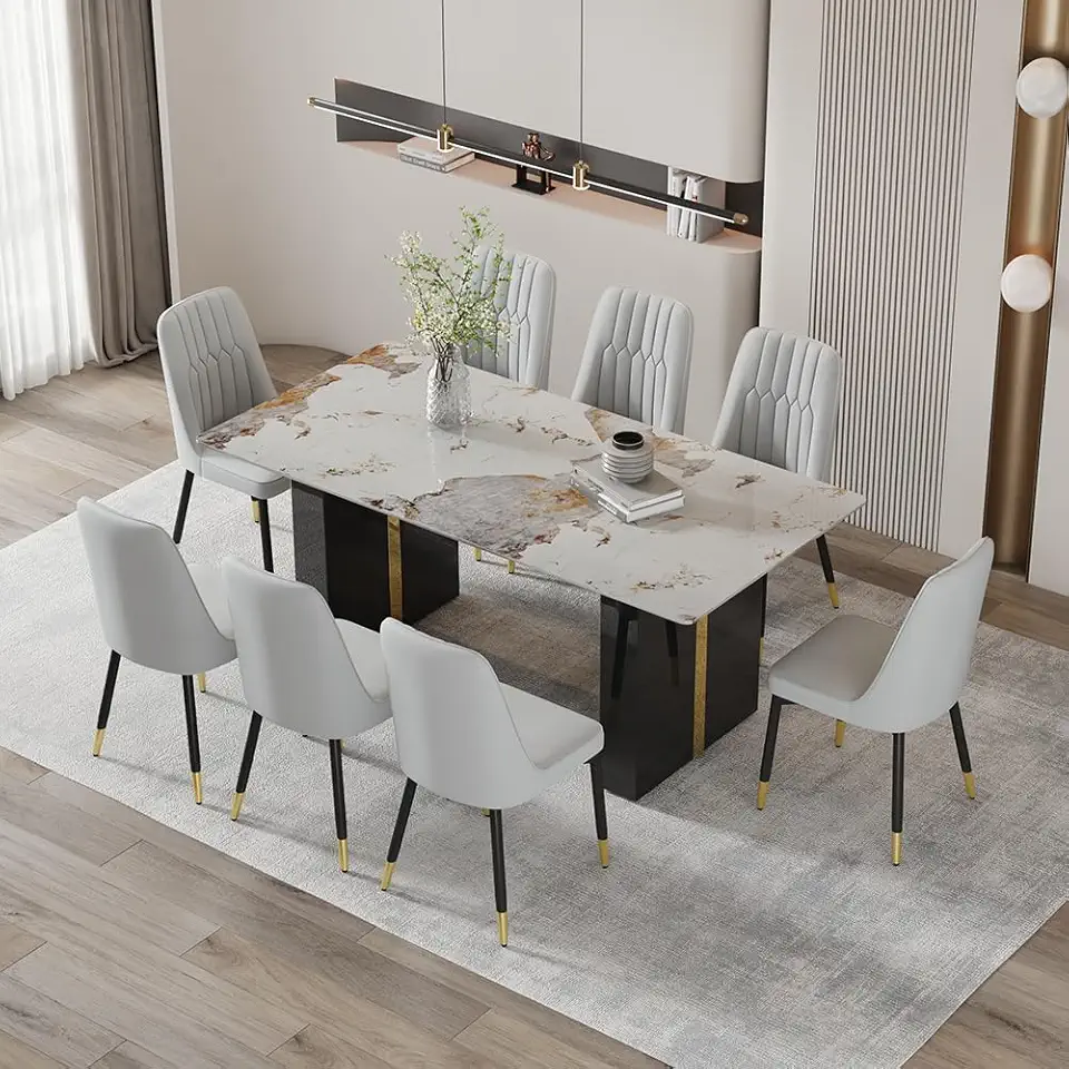 71'' Modern Dining Table Set for 8，Kitchen Table Set for 8, Dining Faux Marble Table Set for 8 with PU Leather Chairs for Kitchen, Dining, Bar, Living Room