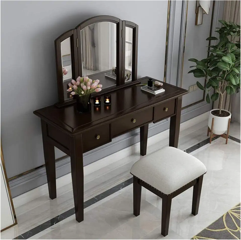 high-end Dressing Table Vanity Set with Three-fold Mirrors Makeup Dressing Table Writing Desk with Cushioned Stool for Women Girls 3 Drawers (Color : White Size : 120x50x156cm) (Black 120x50x156cm)