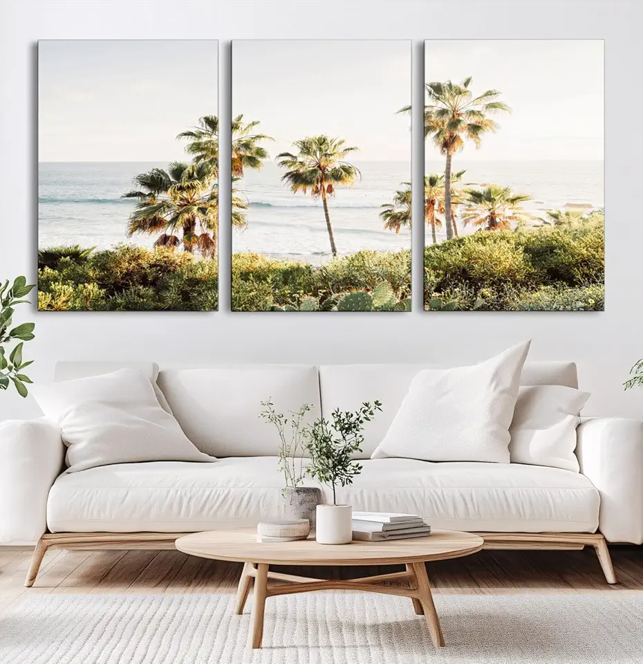 California Coast Wall Art Canvas Print, Framed Palm Trees Art Picture Print, Coastal Landscape 3 Panel Canvas Print/Gallery Wrapped / 90