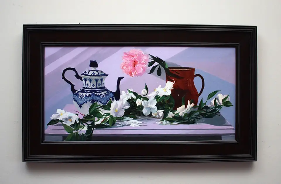 Oil Painting on Linen Floral Still Life Teapot Framed