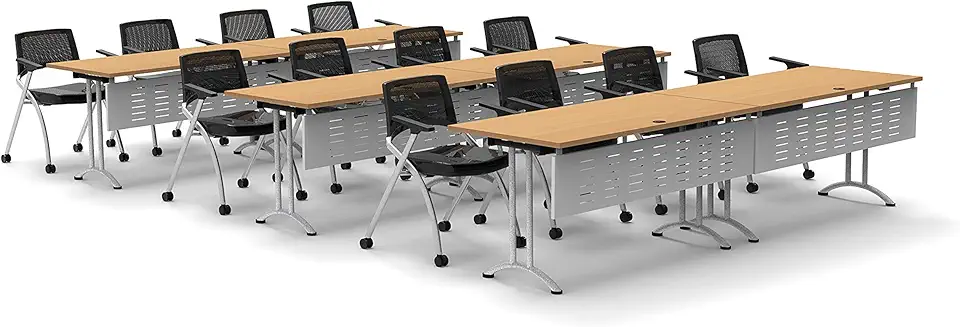 12 Person Tables Training Meeting Seminar Classroom Model 7403 24pc Color Beech Folding Table + Task Chairs + Modesty Panels. Tables Connect Together. Fold + Nest for Compact Storage.