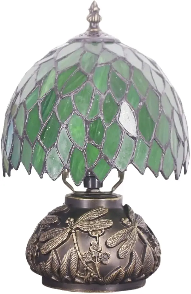 Small Mini Mushroom Table Lamp With Colored Glass Lampshade And Bronze Resin Base For Bedroom, Living Room Dining Room suitable for bedrooms, living rooms, offices, book(Green Wisteria Leaf Style)