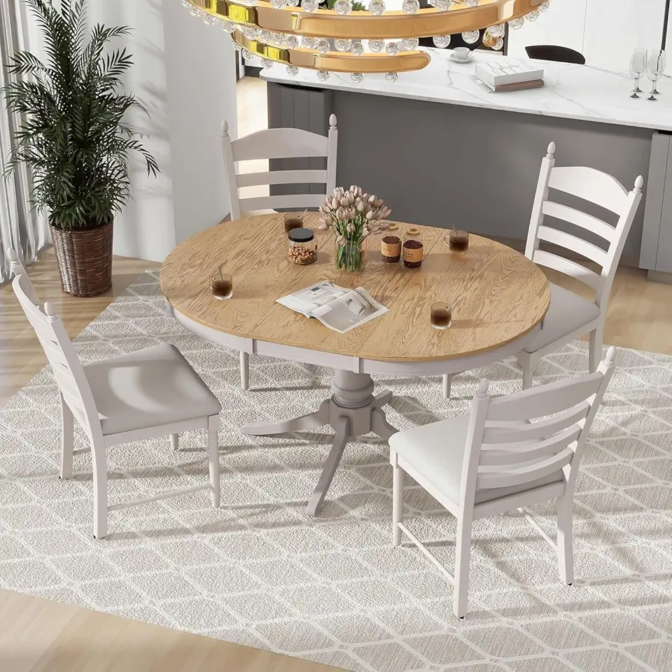5-Piece Retro Functional Dining Table Set Round Extendable Dining Table and 4 Upholstered Dining Chairs,Table
