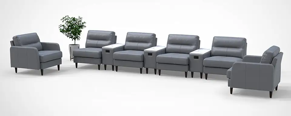 BREAKtime 6 Person Waiting Reception Lounge Chairs Set with Charging Tables Genuine 100% Leather Color Graphite Gray Corporate Offices Commercial Retail Spaces Model 8234 11pc.