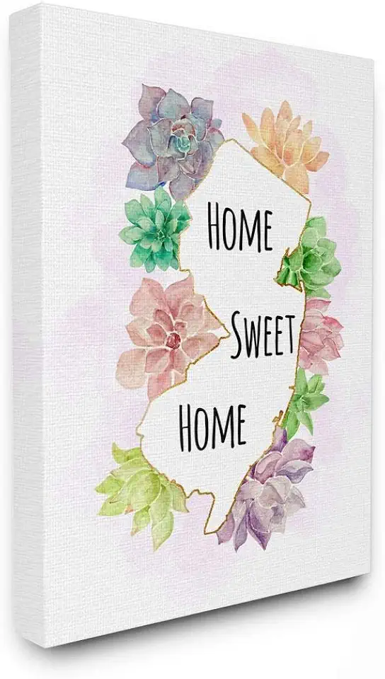The Stupell Home Decor Collection New Jersey State Home Sweet Home Succulent Watercolor Vignette Canvas Wall Art, 36 x 48, Proudly Made in USA