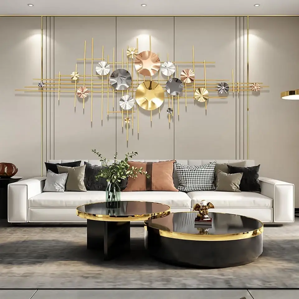 Metal Wall Decor Large Metal Wall Art Geometric Abstract Wall Decor for Living Room, 3D Irregular Gold Line Colorful Round Wall Hanging Sculptures Modern for,177CM