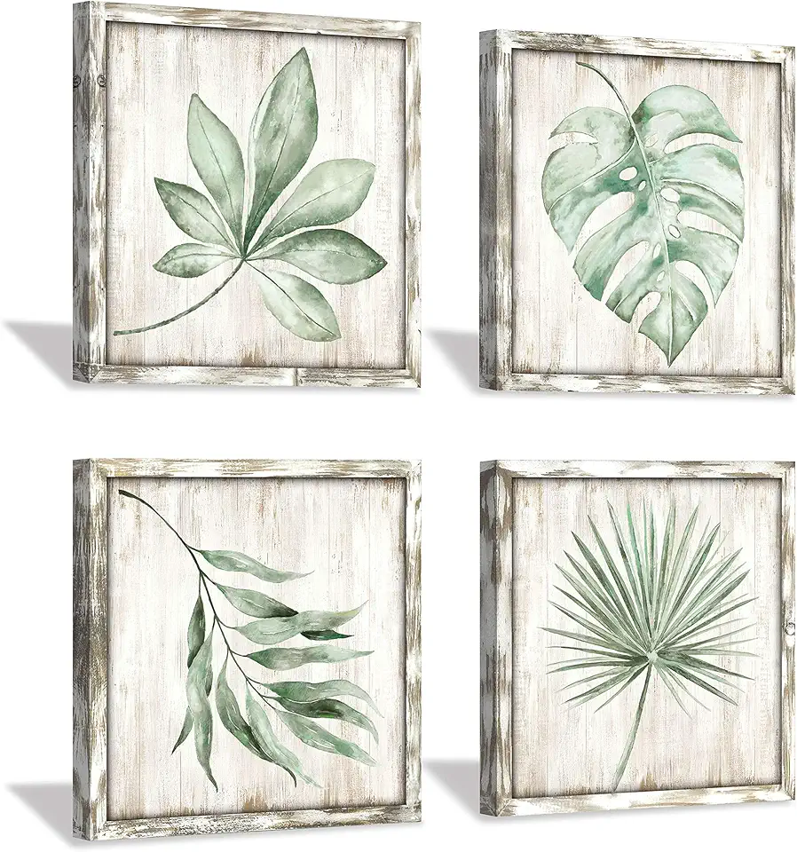 Green Leaves Wooden Wall Art: Rustic Wood Prints Pictures Palm Tree Leaf Simple Life Painting Framed for Bathroom Wall Decor （16“ x 16
