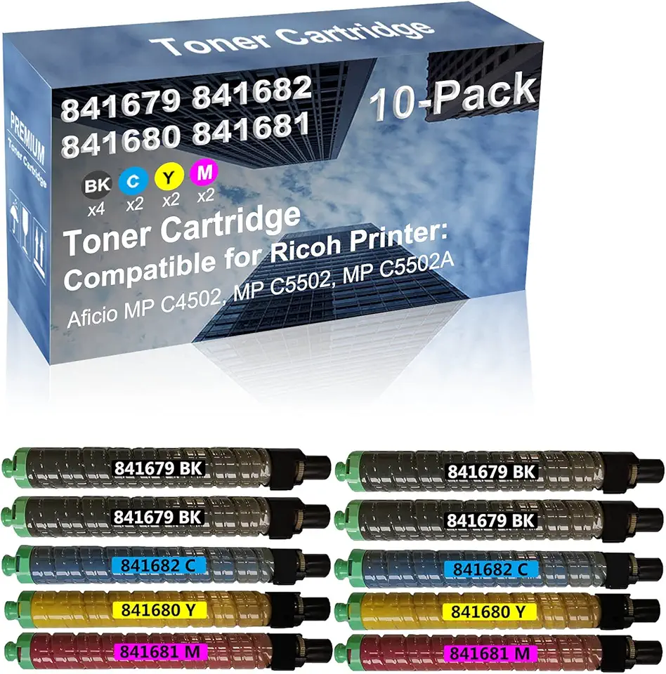 10-Pack (4BK+2C+2Y+2M) Compatible High Capacity 841679+ 841682+ 841680+ 841681 Toner Cartridge Used for Ricoh Aficio MP C4502, MP C5502, MP C5502A Printer