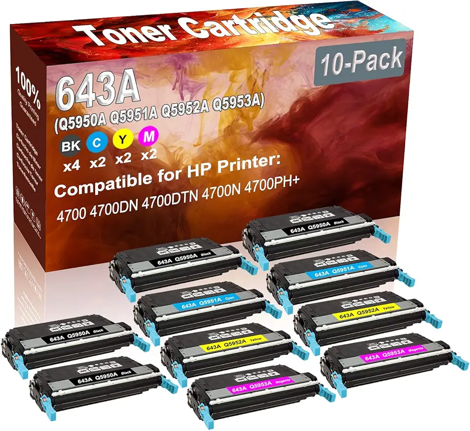 10-Pack (4BK+2C+2Y+2M) Compatible 4700 4700DN 4700DTN Laser Printer Toner Cartridge (High Capacity) Replacement for HP 643A (Q5950A Q5951A Q5952A Q5953A) Printer Toner Cartridge