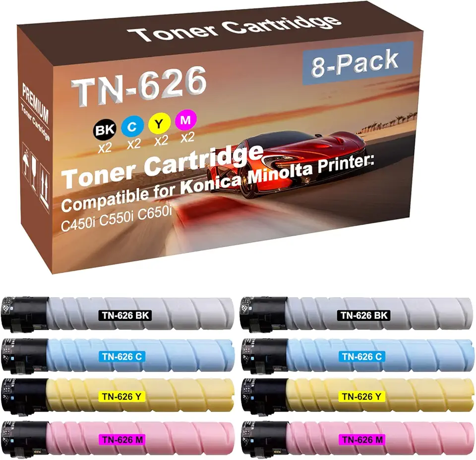 8-Pack (2BK+2C+2Y+2M) Compatible C450i, C550i, C650i Printer Toner Cartridge High Capacity Replacement for Konica Minolta TN626 TN-626 (TN626BK+ TN626C+ TN626Y+ TN626M) Toner Cartridge