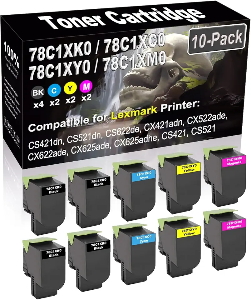 10-Pack (4BK+2C+2Y+2M) Compatible High Yield 78C1XK0 78C1XC0 78C1XY0 78C1XM0 Laser Printer Toner Cartridge Used for CS421dn CS521dn CS622de CX421adn CX522ade Printer