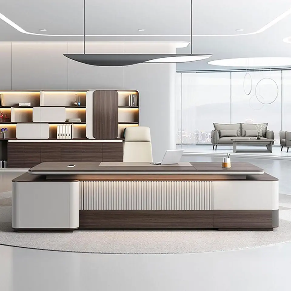 Modern Wood Executive Office Desk, Computer Desk with File Drawers Writing Study Table Business Furniture Workstation for CEO Boss