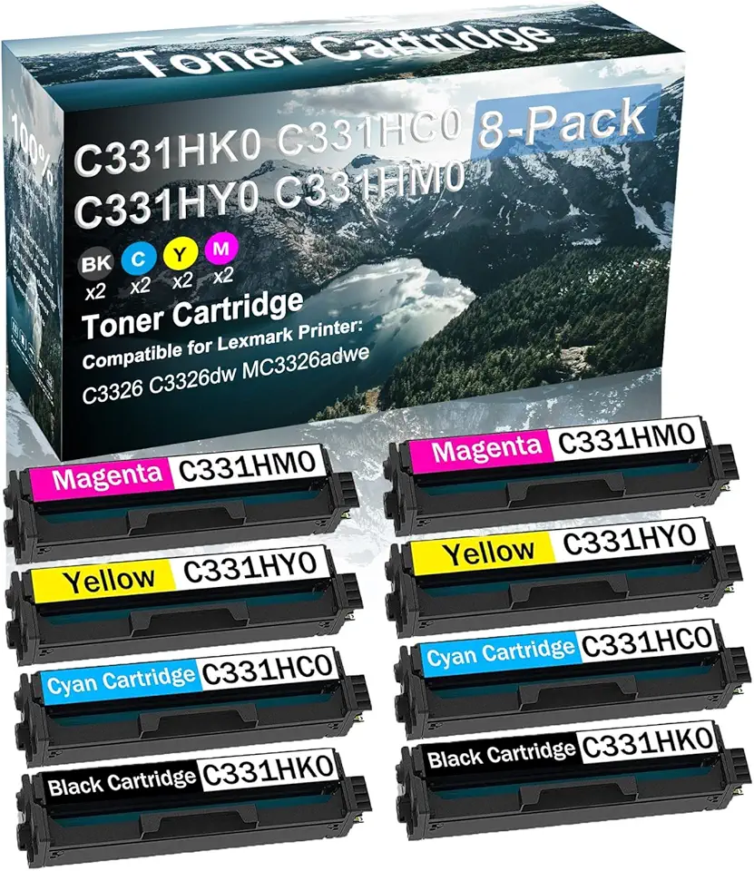8 Pack (BK+C+Y+M) Compatible High Capacity Printer Toner Cartridge Replacement for C331HK0 C331HC0 C331HY0 C331HM0 Laser Toner Cartridge use for C3326 C3326dw MC3326adwe Printer