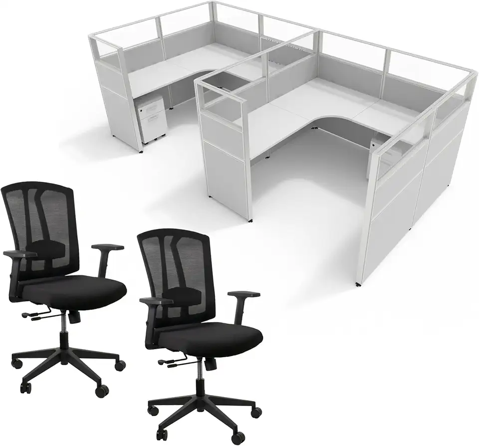 SUNLINE DIY Office Cubicle - Complete Cubicle Desk Kit with 7 Layouts and 2 Durable Ergonomic Chairs, Easy-Assembly Modular Office Kit with Sliding Panel, Wall Partitions and Mobile Storage - Grey