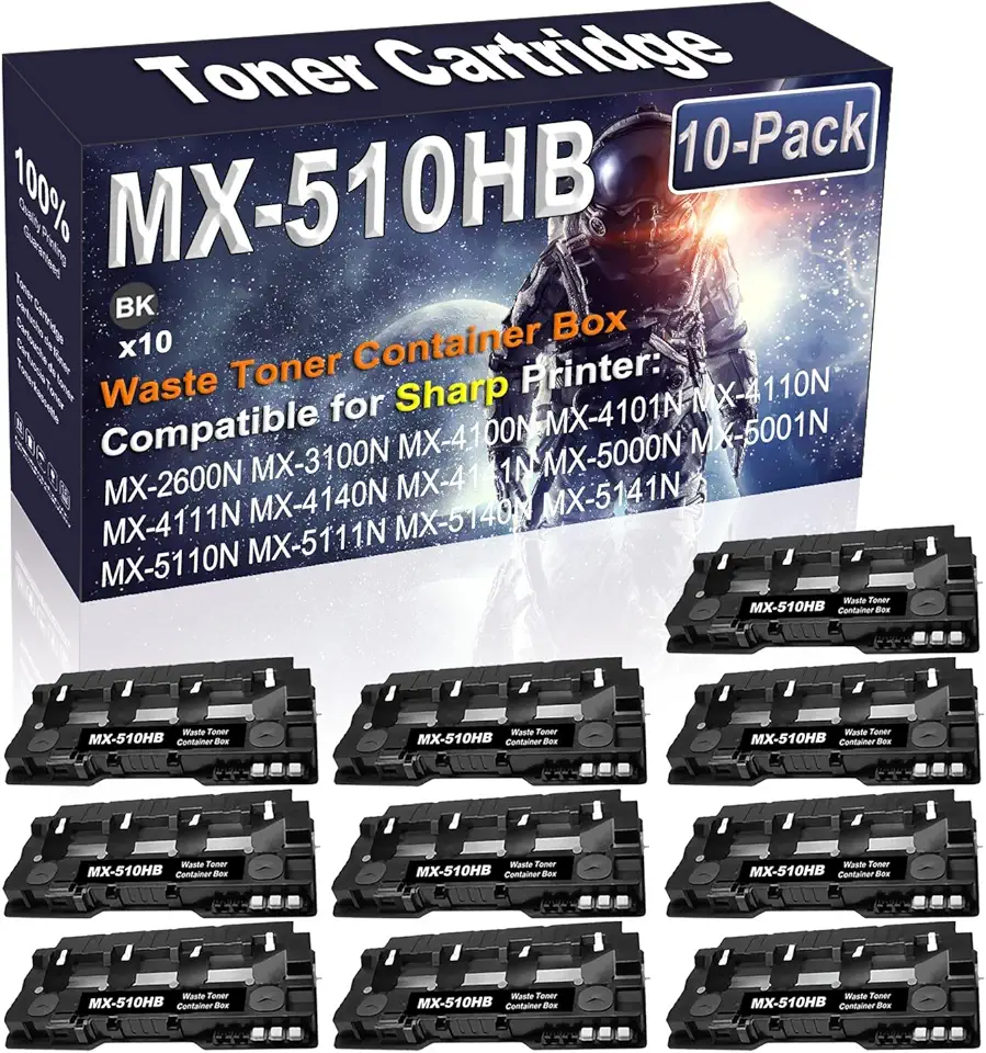 10-Pack Compatible High Capacity MX-2600N MX-3100N MX-4100N MX-4101N MX-4110N MX-4111N MX-4140N MX-4141N Waste Toner Container Box Replacement for Sharp MX-510HB MX510HB Printer Cartridge (Black)
