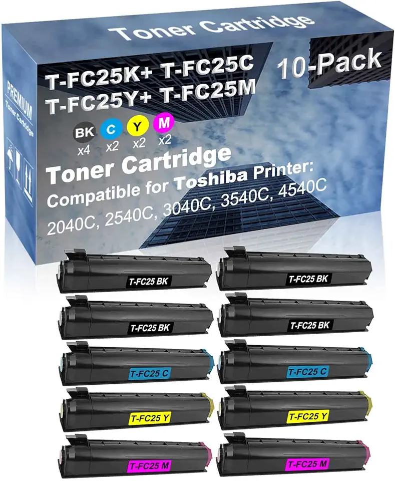 10-Pack (4BK+2C+2Y+2M) Compatible High Yield T-FC25 (T-FC25K+ T-FC25C+ T-FC25Y+ T-FC25M) Laser Printer Toner Cartridge Used for Toshiba e-Studio 2040C, 2540C, 3040C, 3540C, 4540C Printer