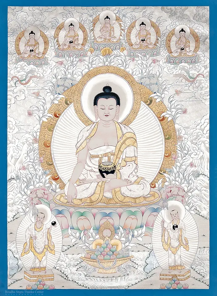 Authentic Shakyamuni Buddha Thangka – A Traditional Tibetan Masterpiece Created Using Genuine Antique Materials, Natural Pigments, and Adorned with Pure 24-Carat Gold, Ideal for Enhancing Peaceful Prayer Rooms and Sacred Meditation Spaces, 75x54 cm