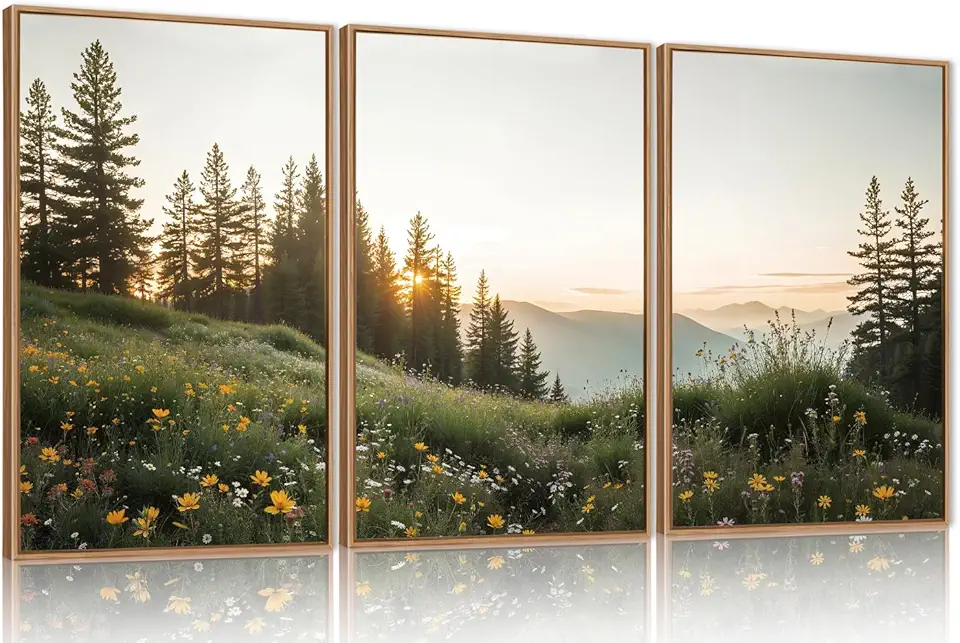 FWIEXA Mountain Canvas Wall Art Set, Framed Forest Nature Wall Decor, 3 Piece Landscape Paintings Artwork, 16x24 Inches Wildflower Pictures for Living Room, Bedroom, Office