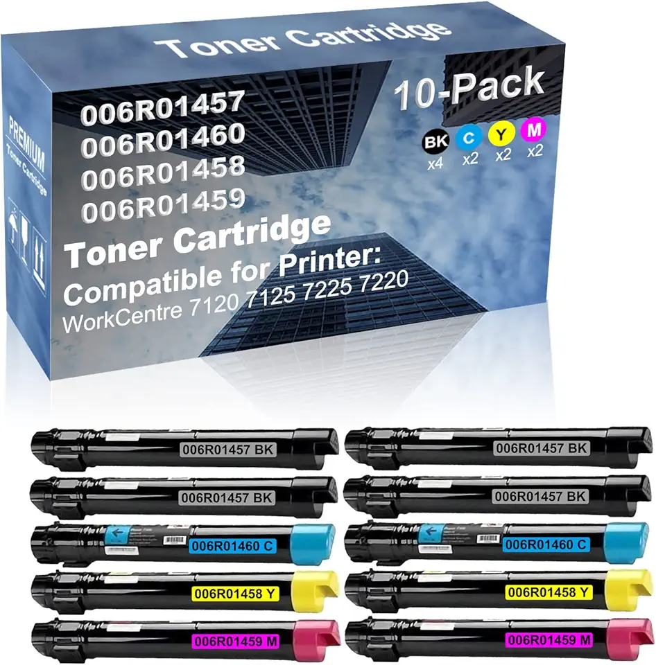 10-Pack (4BK+2C+2Y+2M) Compatible 7120 7125 7225 7220 Printer Toner Cartridge High Capacity Replacement for 006R01457+ 006R01460+ 006R01458+ 006R01459 Toner Cartridge