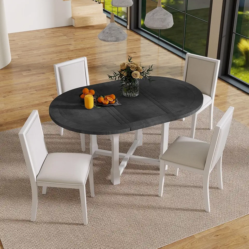 5-Piece Extendable Dining Table Set for 4, Round Dining Table for 4 with Upholstered Chairs, Farmhouse Kitchen Table Set with Removable Leaf for Dining Room