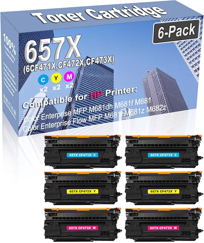 6-Pack (2C/2Y/2M) Compatible High Capacity 657X (CF471X CF472X CF473X) Color Toner Cartridge use for HP Color Enterprise MFP M681dh M681f M681 Printer